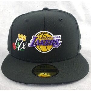New Era Los Angeles Lakers Black Fitted Hat 7 5/8 NBA Champions Crow Patches Cap